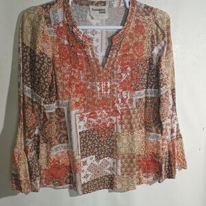 Savanna Jane Women's Patchwork Blouse - Red, Brown, and Gold Bell Sleeves Size L